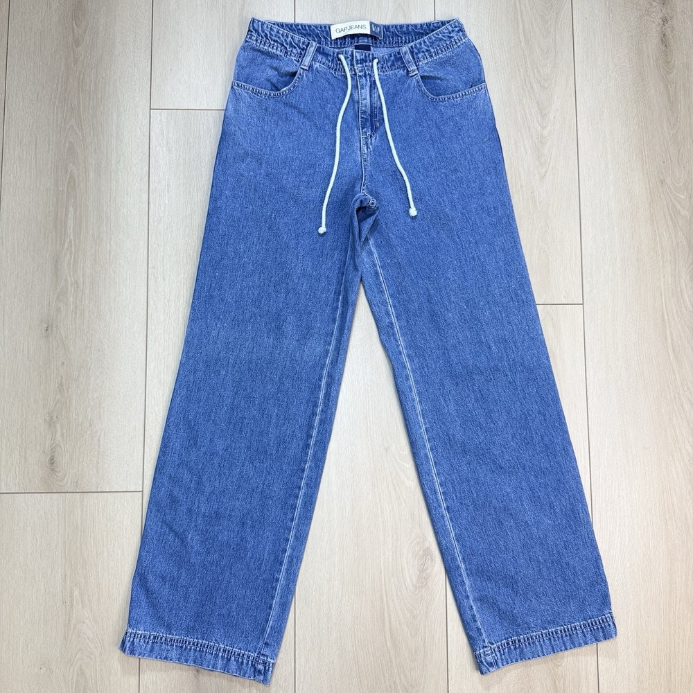 VTG Y2K GAP Wide Leg Jeans Womens Size 2 28x31 Drawstring Waist Blue Denim 00s